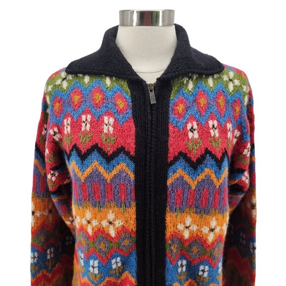 Planet Earth Sweaters Womens Medium Cardigan Llama Floral Multicolor Knit Zipper - Picture 2 of 8